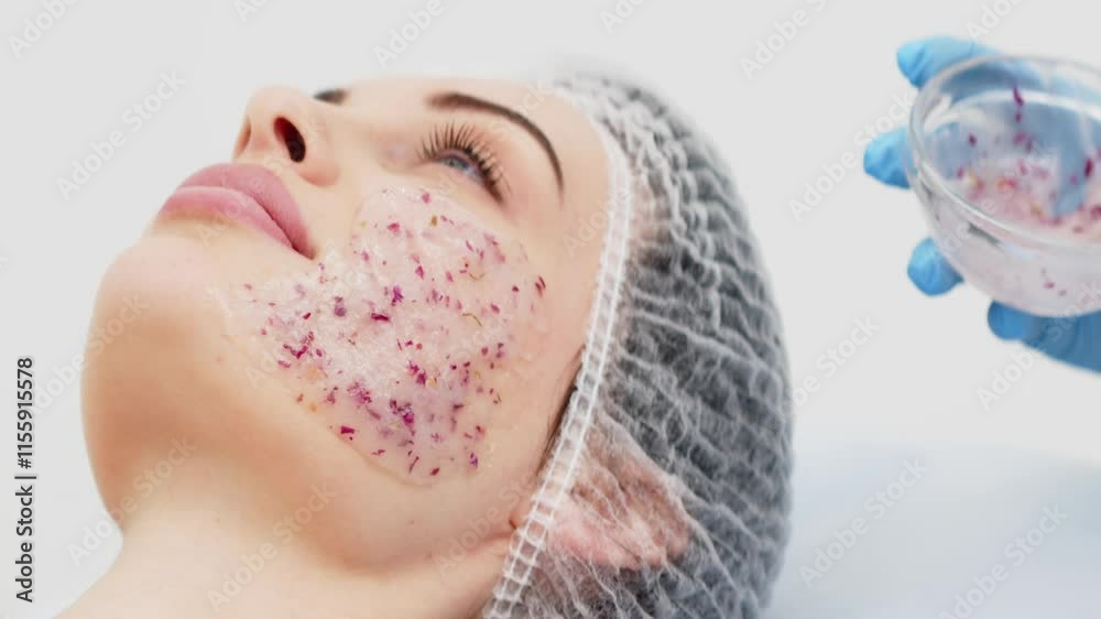 Close-up of a cosmetologist’s hands applying an alginate mask with rose petals to a young woman’s face in a professional beauty salon. Concept of skincare and relaxation in spa treatments. Close-up of a cosmetologist’s hands applying an alginate mask with rose petals to a young woman’s face in a professional beauty salon. Concept of skincare and relaxation in spa treatments.