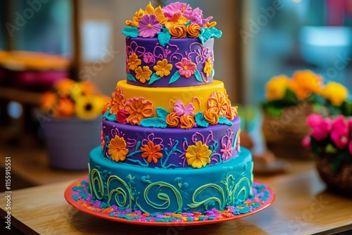 Colorful floral cake displayed at a festive celebration with vibrant decorati...