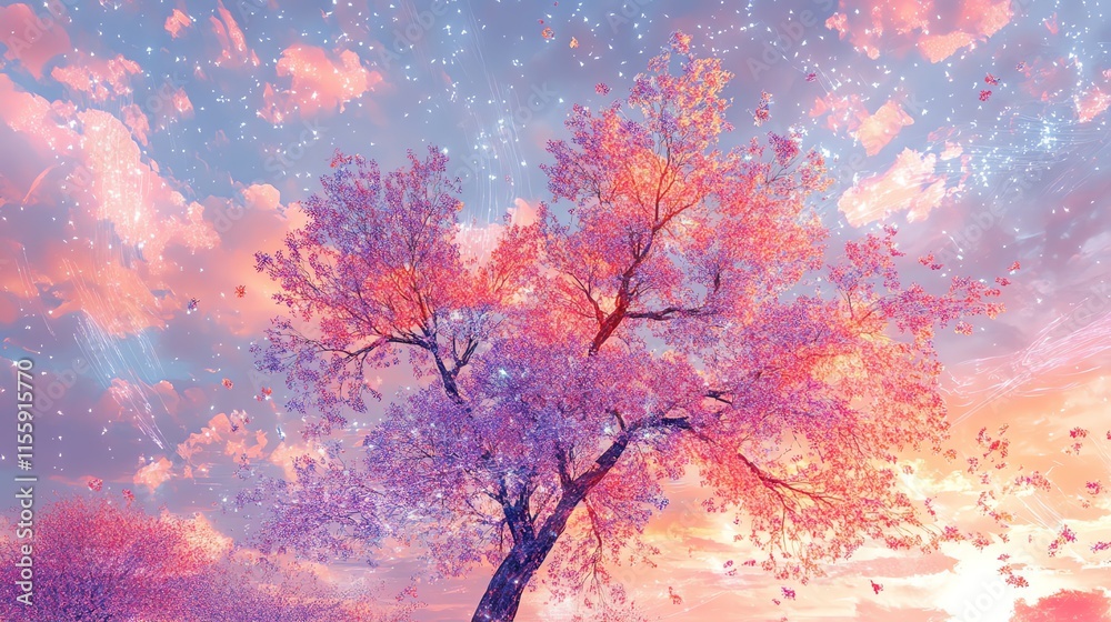 A vibrant tree with pink and orange leaves under a colorful sky filled with stars. A vibrant tree with pink and orange leaves under a colorful sky filled with stars.