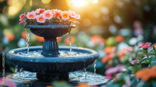 Elegant fountain surrounded by colorful flowers in a serene garden setting