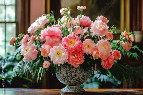 Beautiful pink flowers arranged in a vase on a table in a bright, sunlit room