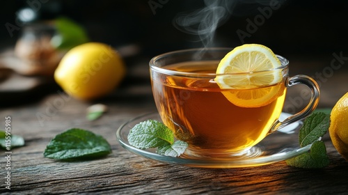Warm cup of tea with lemon slice on a cold evening by the window