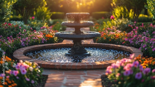 Elegant fountain surrounded by colorful flowers in a serene garden setting