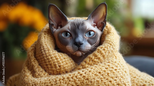 Cozy sphynx cat wrapped in a soft blanket resting peacefully indoors