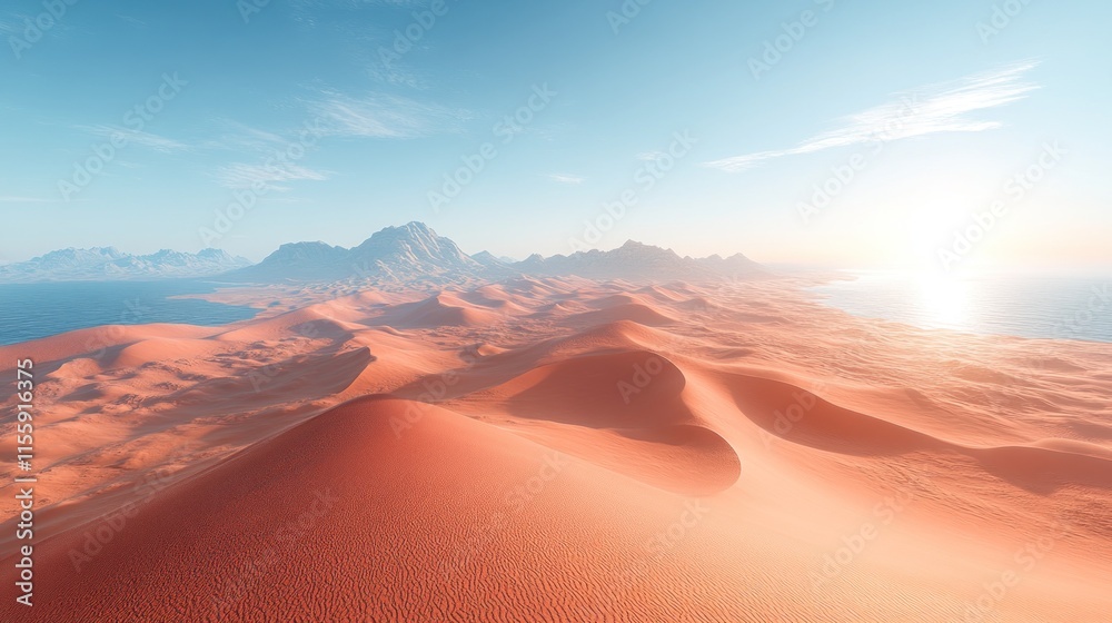Fototapeta premium Vast desert landscape with dunes, mountains, and ocean horizon at sunrise.