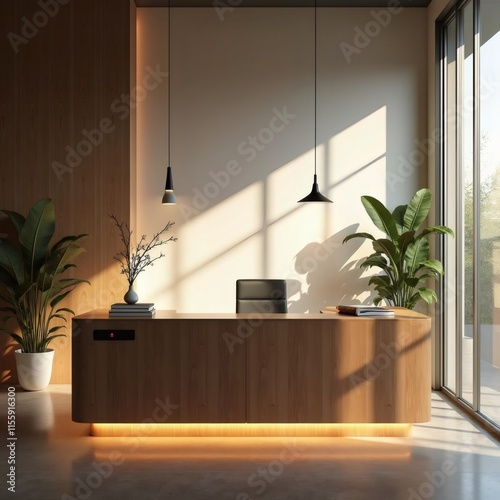 Recepción moderna y elegante con iluminación cálida y plantas decorativas en un entorno minimalista.
