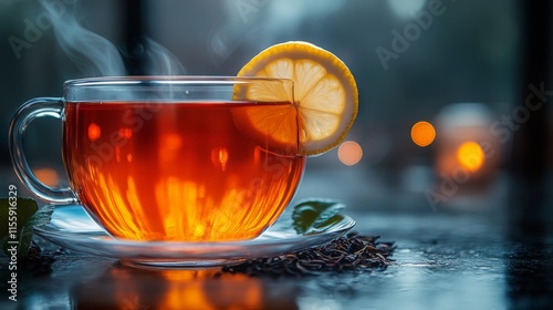 Warm cup of tea with lemon slice on a cold evening by the window