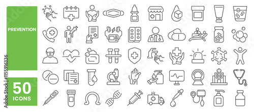 Set of 50 line icons related to prevention, protection, virus, mask, health, disease, infection, wash, safety, medical, treatment, Editable stroke. Vector illustration