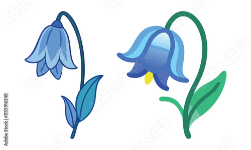 Blue bell-shaped flower vector illustrations, Two elegant vector illustrations of blue bell-shaped flowers with curved stems and green leaves, showcasing a graceful and minimalist design.
