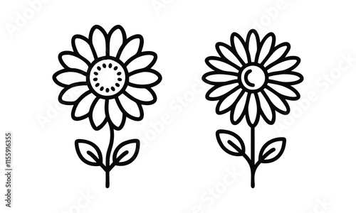 Black-and-white vector daisy flower outlines, Two vector illustrations of daisy flowers in black-and-white, featuring symmetrical petals, decorative centers, and simple stems with leaves.
