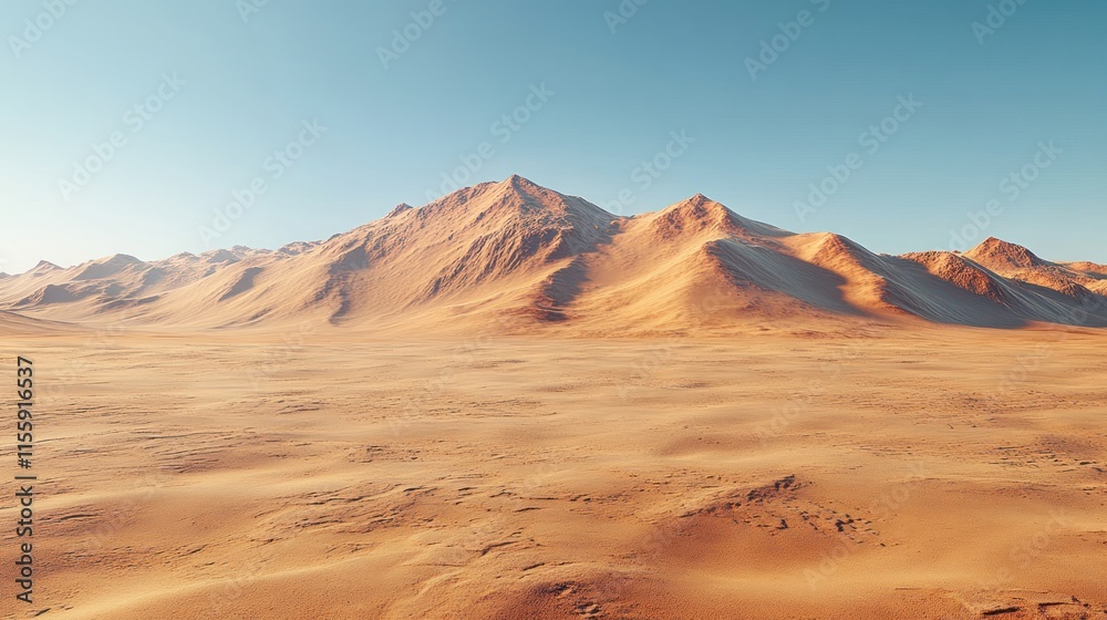 Naklejka premium Vast desert landscape stretches to a mountain range under a clear, light blue sky.