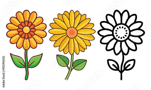 Yellow daisy flower illustrations with outline drawing, A trio of daisy flower illustrations featuring vibrant yellow and orange petals, green leaves, and a black-and-white outline design for versatil