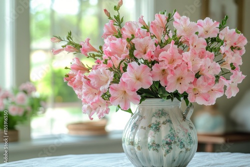 Beautiful pink flowers arranged in a vase on a table in a bright, sunlit room