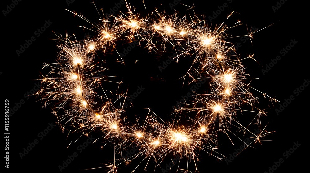 Multiple sparklers arranged in a circular pattern, all lit and sparkling together. Multiple sparklers arranged in a circular pattern, all lit and sparkling together.
