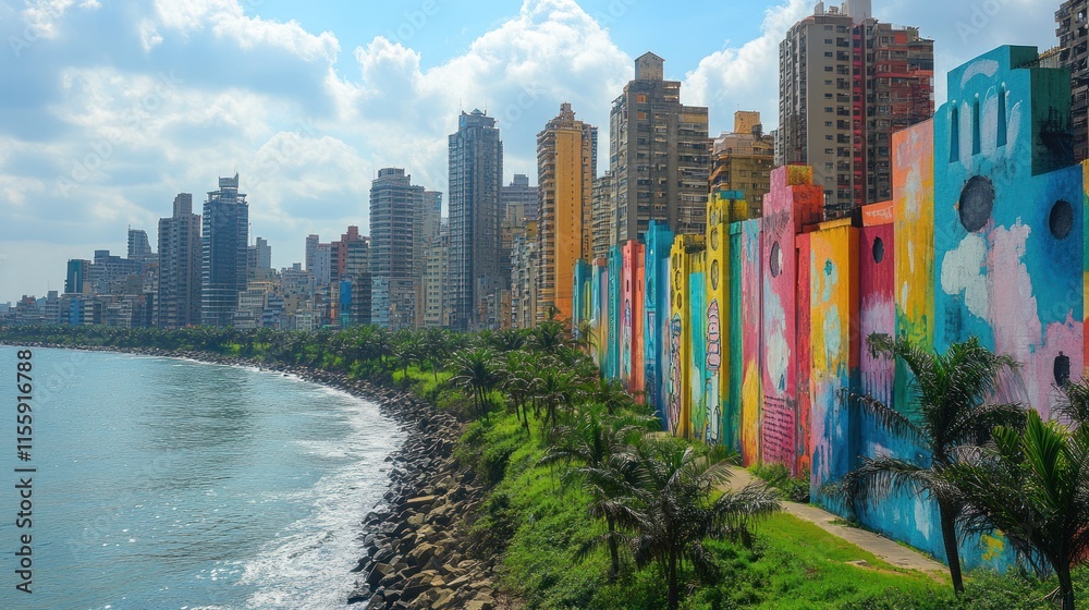 Obraz premium Vibrant cityscape overlooking a coastline with colorful murals on buildings.