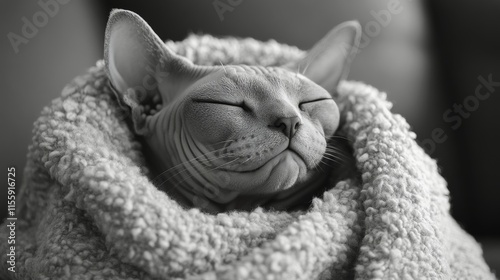 Cozy sphynx cat wrapped in a soft blanket resting peacefully indoors