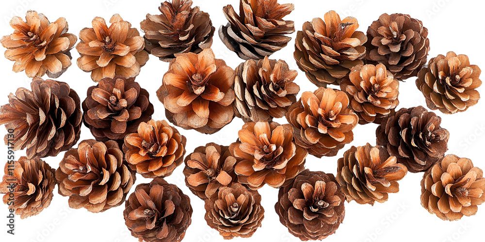  Collection of brown pine cones arranged in an artistic pattern. Natural elements symbolizing rustic decor, winter themes, and nature-inspired crafts.
