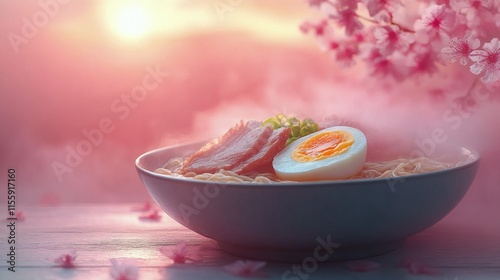 Delicious bowl of ramen with tender beef and a runny egg topped with green on...