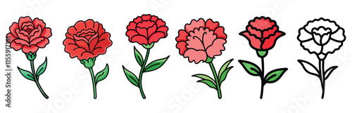 Carnation flower illustrations in red and outline, A set of six carnation flower illustrations, featuring vibrant red blooms with green stems and leaves, plus a black-and-white outline version.
