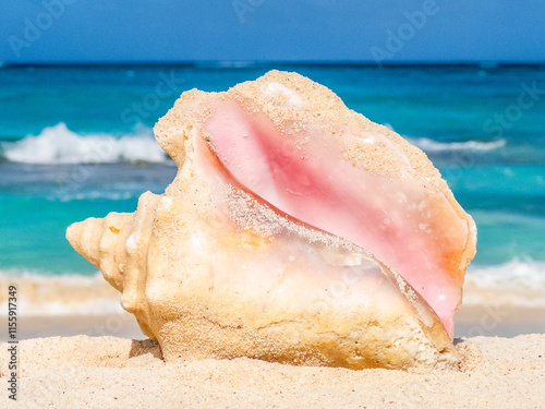 Sea Shell in the surf of the tropical beach at Bahamas