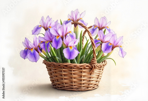Delicate Watercolor Basket of Purple Irises in Rustic Style
