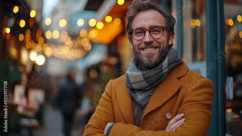 Man smiling outdoors in a bustling street with autumn leaves in a lively urba...