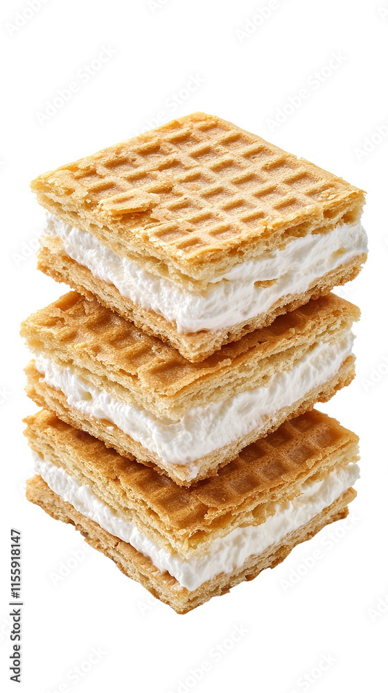 Stack of crispy waffle sandwiches filled with creamy white filling. Delicious layered dessert combining crunchy texture and sweet cream, perfect for snacks or treats. Stack of crispy waffle sandwiches filled with creamy white filling. Delicious layered dessert combining crunchy texture and sweet cream, perfect for snacks or treats.