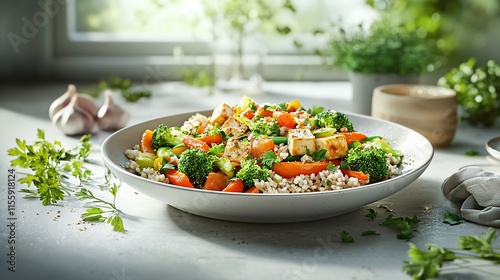 Healthy tofu and vegetable stir-fry served on quinoa.