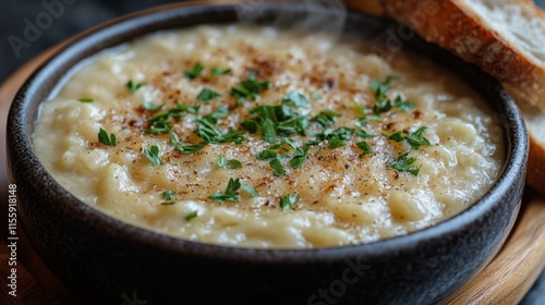 Creamy soup served in a rustic bowl with fresh herbs and crusty bread on the ...