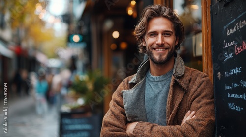 Man smiling outdoors in a bustling street with autumn leaves in a lively urba...