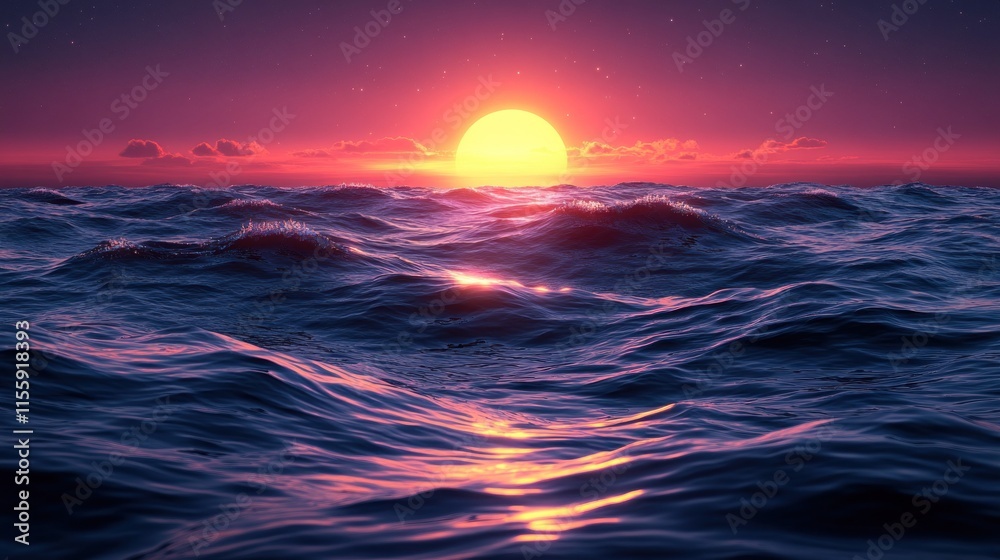 Vibrant sunset over ocean waves. Vibrant sunset over ocean waves.