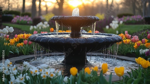 Vibrant spring fountain surrounded by colorful tulips in a lush garden setting