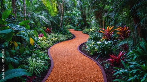 Lush tropical pathway amidst vibrant foliage in a sunlit forest