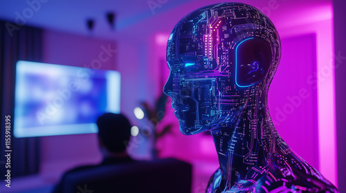 Wallpaper Mural Futuristic AI Humanoid Avatar with Glowing Circuits Interacting with Human in a Cyberpunk High-Tech Modern Home Design Torontodigital.ca