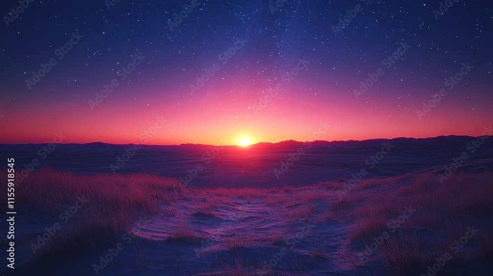 Fototapeta premium Vibrant sunset over snowy landscape.