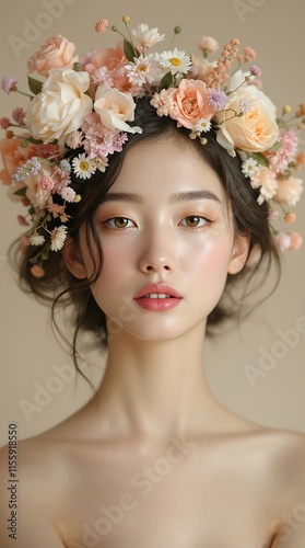 Enchanting Portrait of a Girl with Flowers Forming a Living Wreath photo