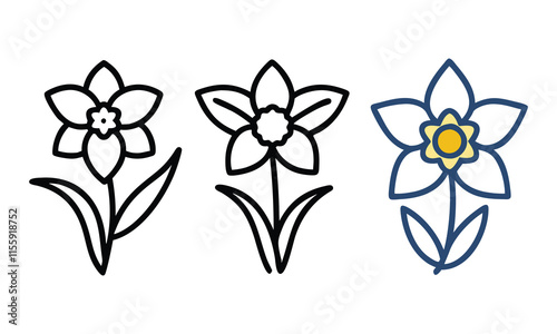 Daffodil outline and minimalist colored drawings, Set of three daffodil illustrations, featuring two black-and-white outlines and one minimalist design with blue and yellow accents.
