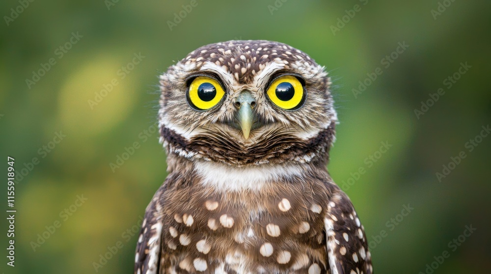 Close-Up of Owl with Bright Yellow Eyes and Spotted Feathers Close-Up of Owl with Bright Yellow Eyes and Spotted Feathers