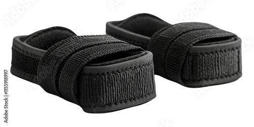  Pair of black foot straps with adjustable Velcro for fitness use. Durable design suitable for gym workouts, ankle support, or cycling. Minimalist and functional style. photo