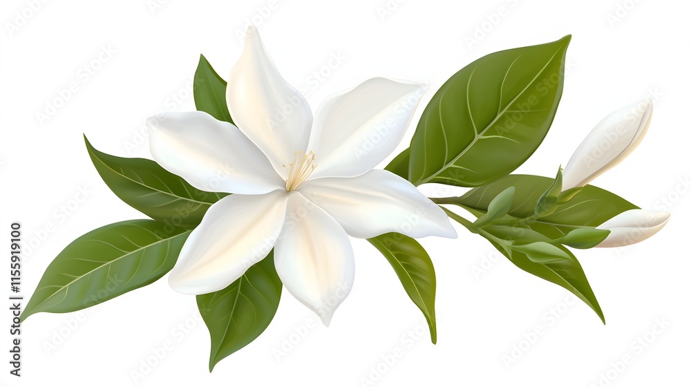 White Flower Blossom with Green Leaves Branch White Flower Blossom with Green Leaves Branch