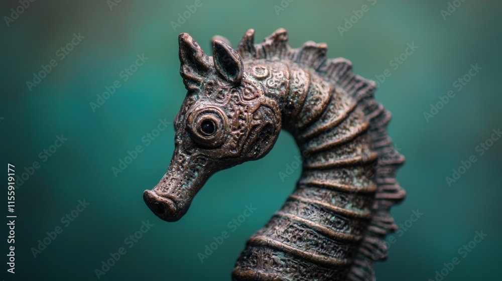Intricately Designed Bronze Seahorse Sculpture Against Green Background Intricately Designed Bronze Seahorse Sculpture Against Green Background