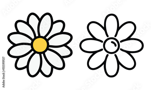 White daisy illustration and outline drawing, A simple white daisy illustration with a yellow center and a matching black-and-white outline version, showcasing clean and classic designs.
