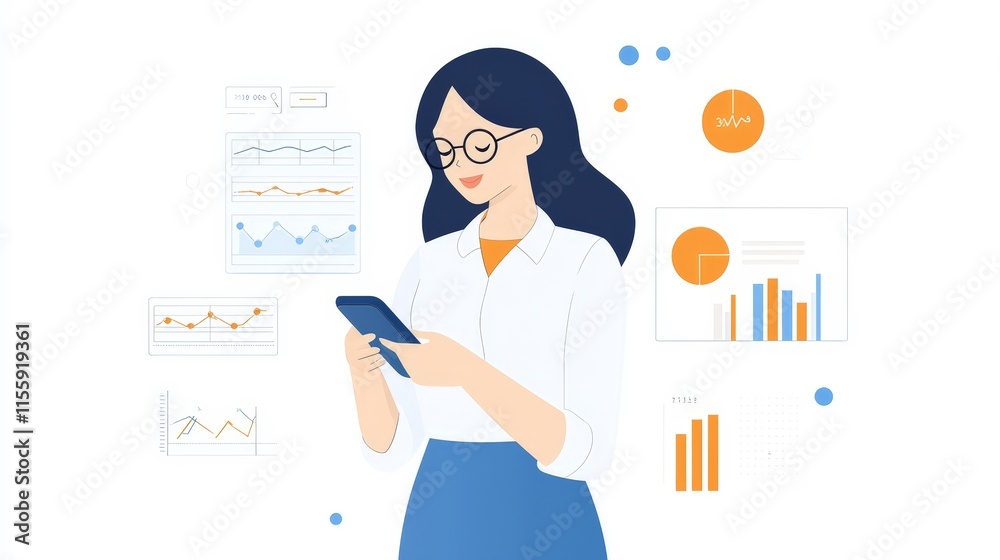 Businesswoman Analyzing Data on Smartphone, Charts and Graphs on White Background Businesswoman Analyzing Data on Smartphone, Charts and Graphs on White Background