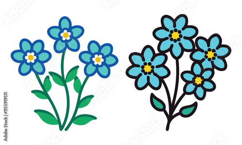 Blue forget-me-not flower illustrations, Two vibrant illustrations of forget-me-not flowers with delicate blue petals, yellow centers, and green stems, showcasing natural elegance.
