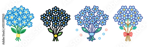 Colorful and stylized bouquets of forget-me-nots, A set of forget-me-not flower bouquets in vibrant colors and artistic styles, featuring delicate blue blossoms with decorative details.
