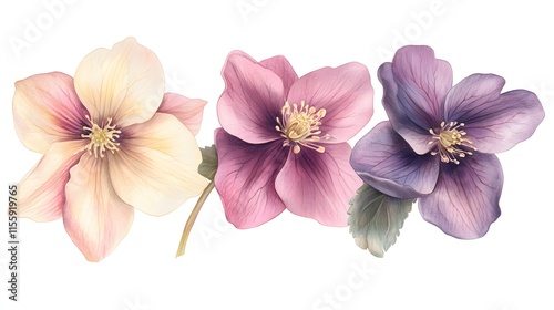 Three Delicate Hellebore Flowers in Pastel Hues