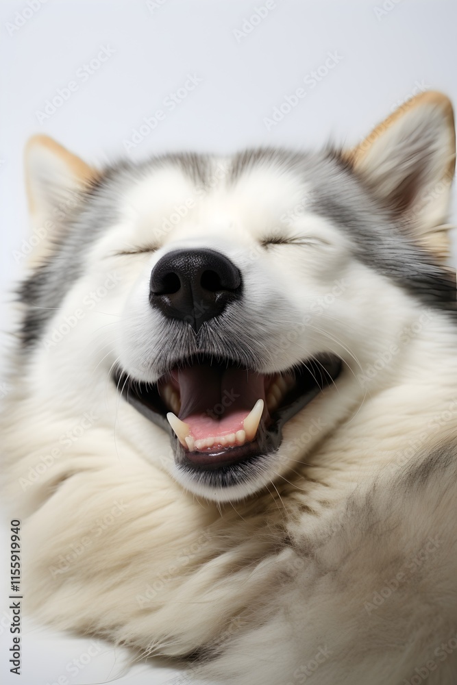 A tired dog lies on a white background, yawning widely. The scene conveys calm and serenity.
A tired dog lies on a white background, yawning widely. The scene conveys calm and serenity.