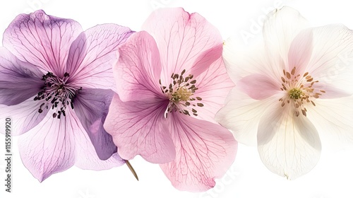 Delicate pastel flowers showcase intricate petal veins