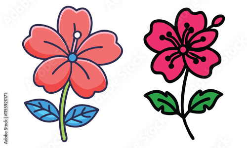 Colorful hibiscus flower illustrations, Bright and vibrant digital illustrations of hibiscus flowers in red and pink, with green leaves, showcasing a tropical aesthetic.
 photo