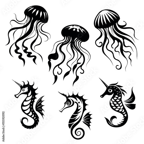 
set of jellyfish and seahorse icons on white background black outline